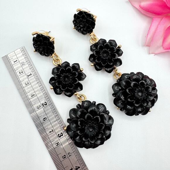 Rare Kenneth Jay Lane Black Resin Flower Drop Earrings Duster Statement Floral - Picture 12 of 14